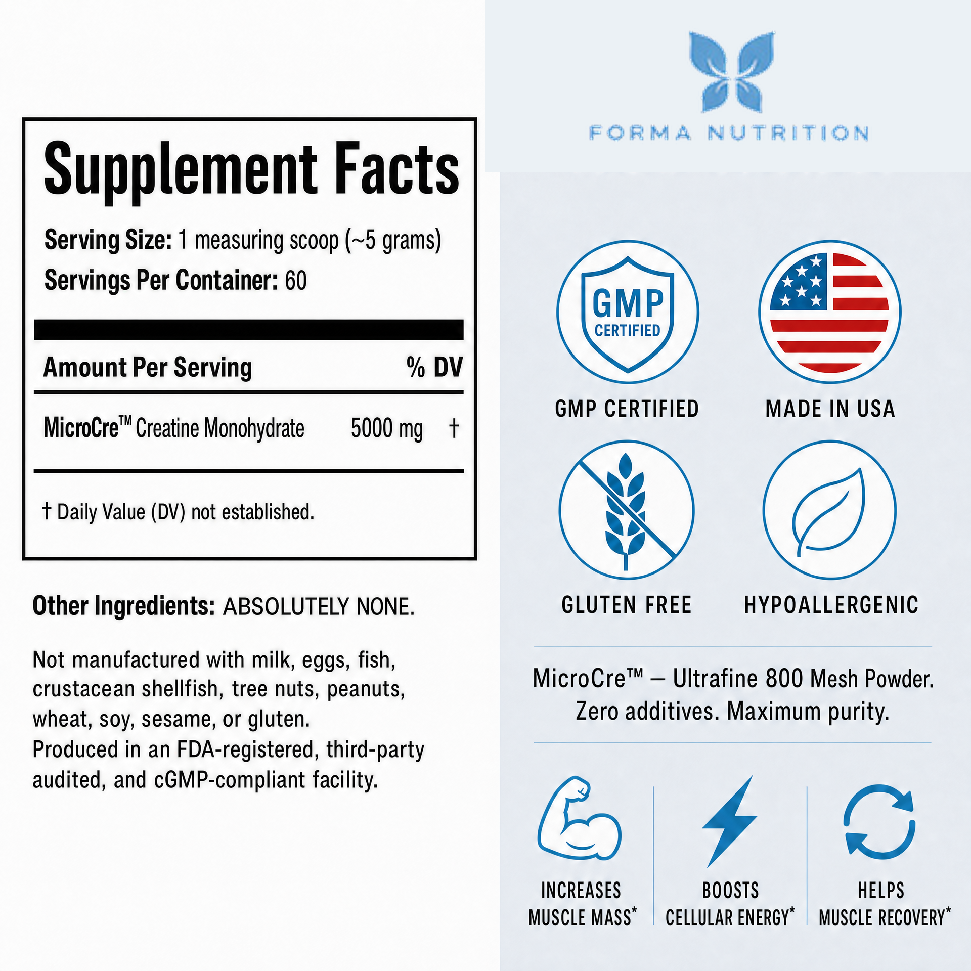 FORMA NUTRITION Pure Creatine 300g – Supplement Facts & Certifications